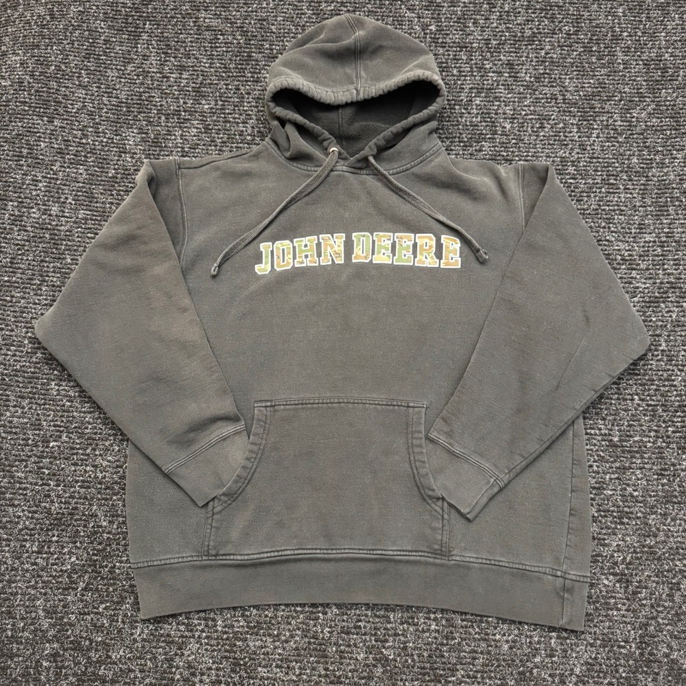 John Deere Hoodie Mens Large Black Faded Camo Logo Pullover Sweatshirt Fleece